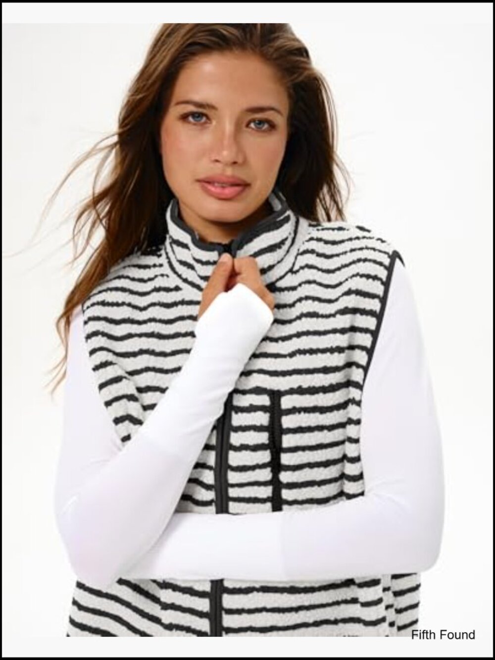 Women's Cropped Zip Fleece Vest Striped Sleeveless Jacket Layering Gilet - Picture 4 of 6